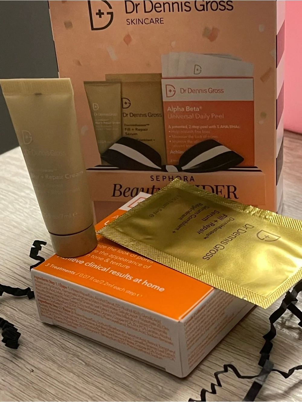 Sephora Peach & Gold Beauty Insider Gift Box with Black-White Ribbon